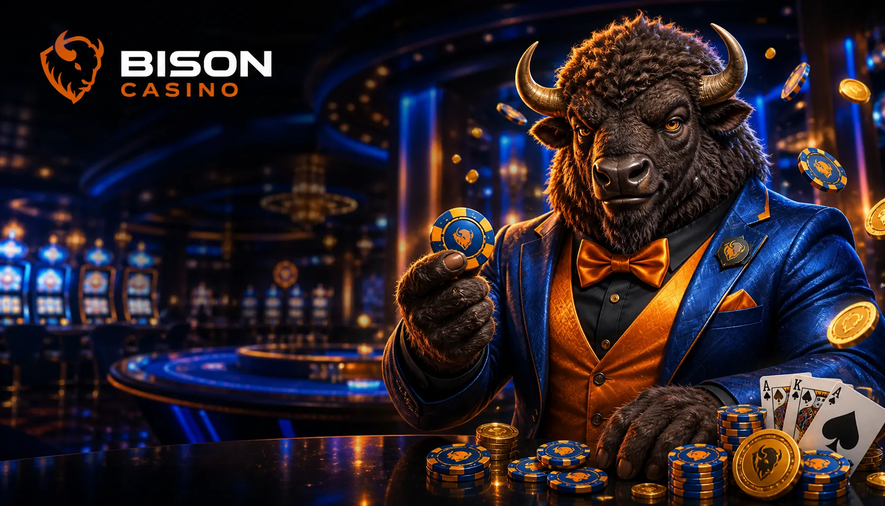 High-resolution casino banner featuring an anthropomorphic bison mascot in elegant attire, set in a luxurious casino environm